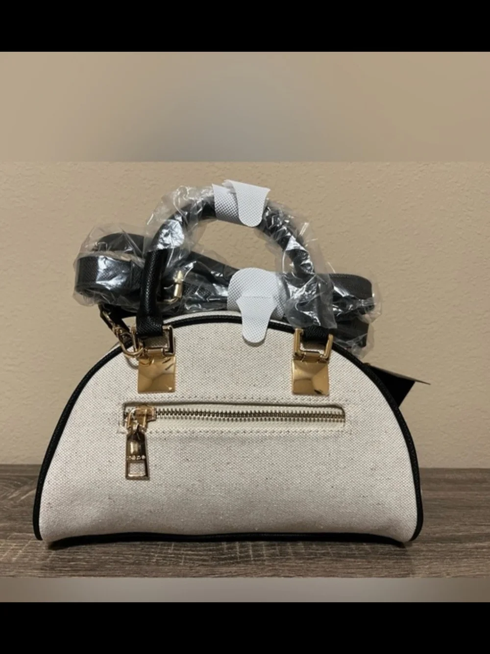 bebe Cream and Black Striped Dome Satchel